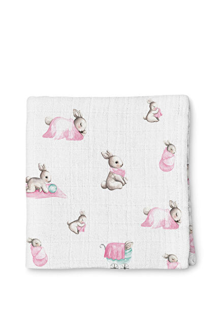 %100 Pamuk Bebe Lapin Rose Müslin Bebek Örtüsü 120x120 cm