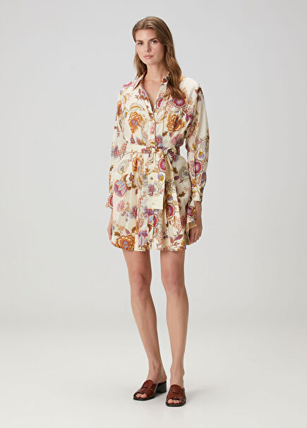 Krem Çiçekli Mini Plaj Elbisesi