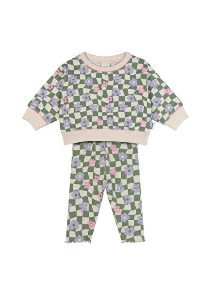Grafik Çiçek Desenli Sweatshirt & Tayt Kız Bebek 2'li Set
