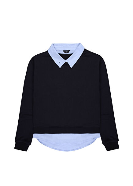 Navy Blue Shirt Layered Long Sleeve Women's Sweatshirt