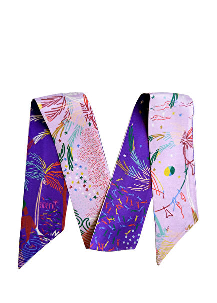 Petite Fular Gündüz Düşü Renkli Desenli Mor İpek Kadın Fular