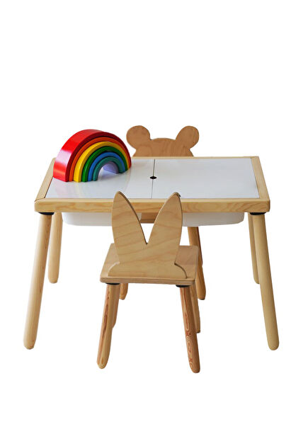 Natural Wood Sensory Kids Activity Play Table And 2 Chairs