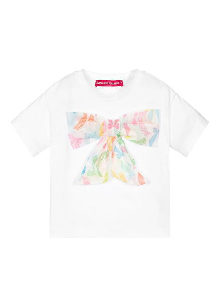 Kyoto Beyaz Desenli Kurdeleli Kız Çocuk T-shirt
