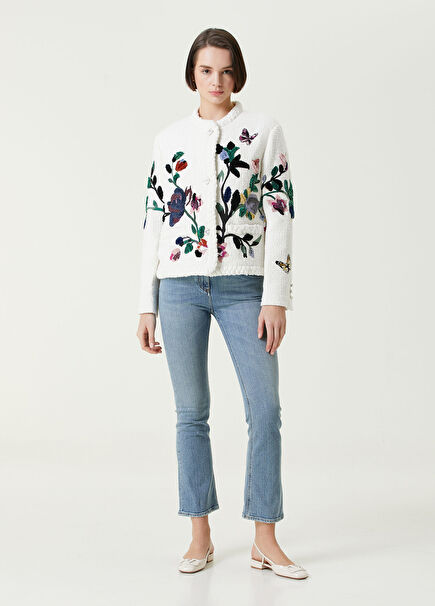 Mavi İşlemeli Crop Flare Jean Pantolon