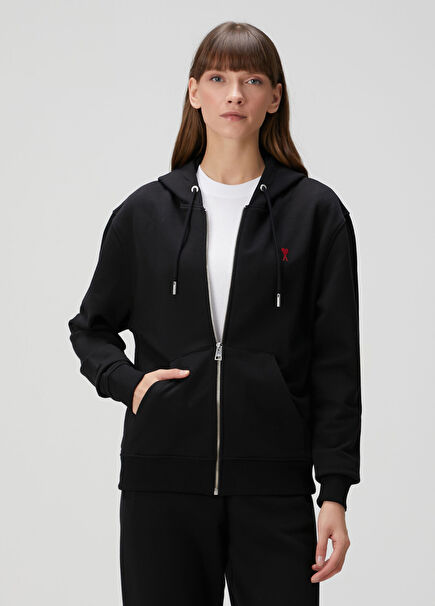Siyah Kapüşonlu Fermuarlı Sweatshirt