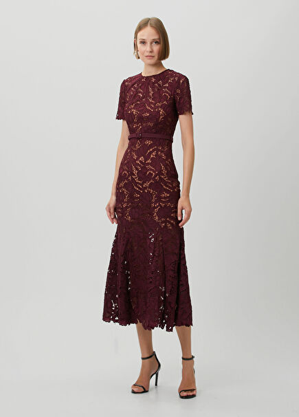 Bordo Midi Dantel Elbise