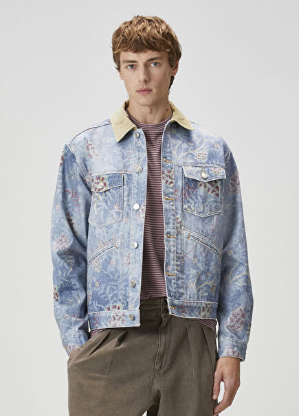 Jango Mavi Çiçek Desenli Denim Ceket
