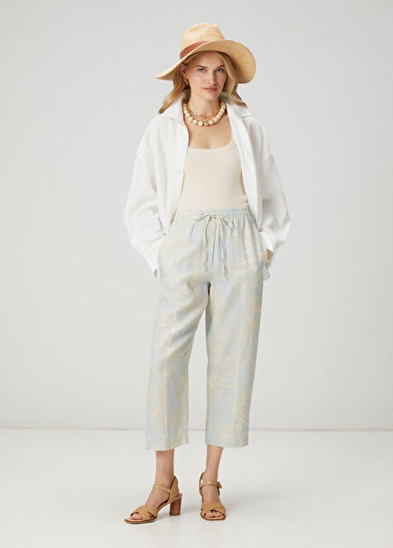 Mint Floral Desenli Slouchy Keten Pantolon