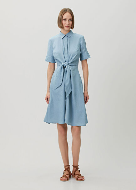 Blue Midi Linen Shirt Dress