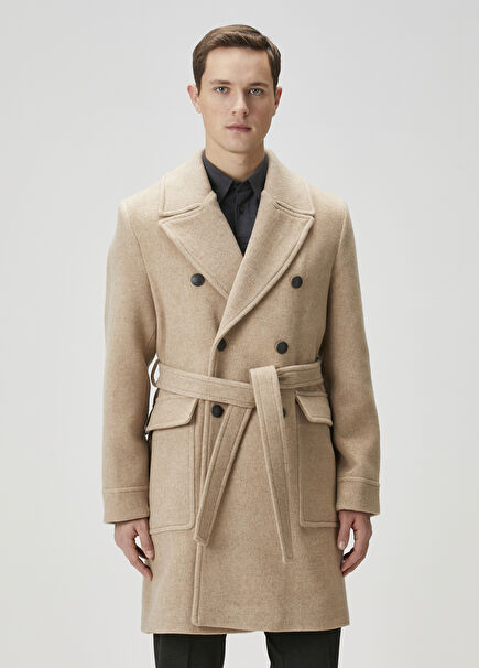 Beige Double-Breasted Wool Coat