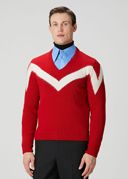 Red White V-Neck Wool Sweater