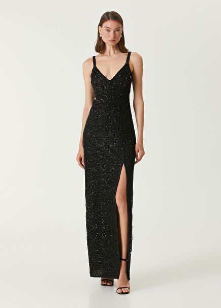 Dalia Black Embroidered Maxi Evening Dress