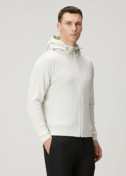 White Hooded Wool Knit Cardigan