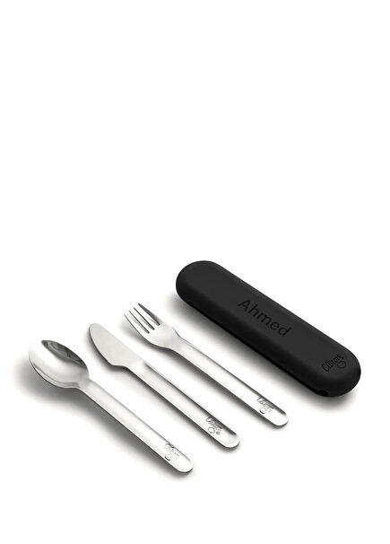 Black Silikon Kılıflı Çelik 3'lü Çocuk Çatal Bıçak Kaşık Takımı