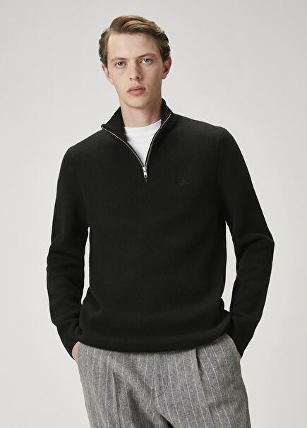 Navy Blue Zippered Basic Wool Sweater