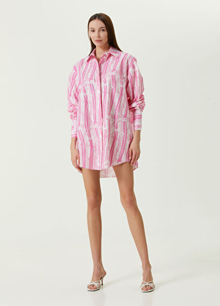 Pembe Desenli Mini Gömlek Elbise