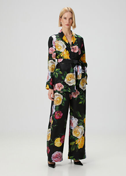 Black Floral Silk Pajama Pants