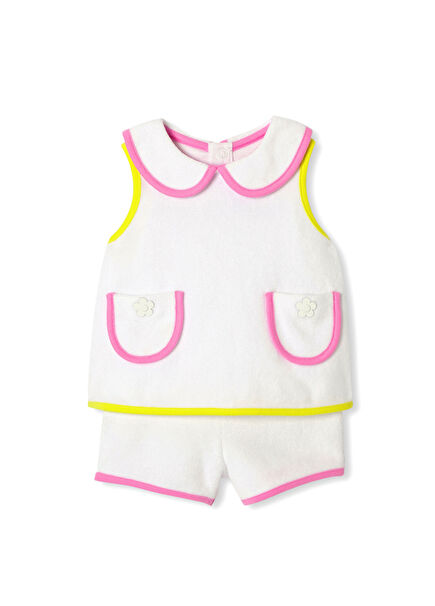 White Terry Fabric Peter Pan Neck Blouse Shorts Baby Girl Set of 2