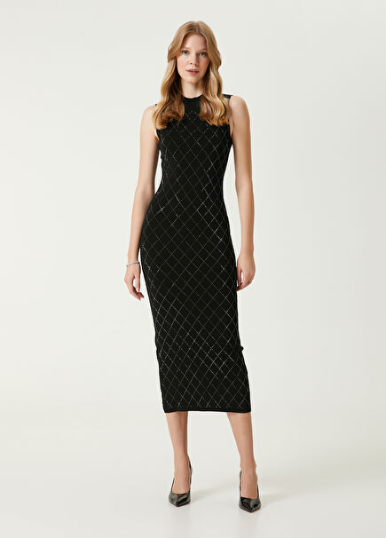 Black Rhinestoned Midi Knit Dress