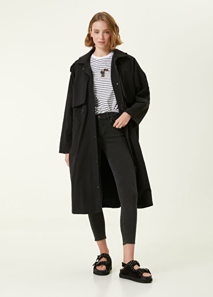 Siyah File Astarlı Uzun Rüzgarlık