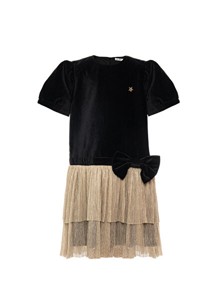 Siyah Fiyonk Detaylı Kız Çocuk Elbise