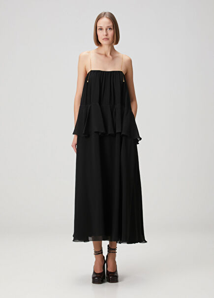Black Ruffled Midi Silk Evening Dress