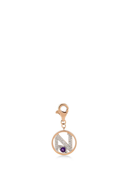 Mini “N” Harfli Charm Pırlanta Mor Ametist Taşlı 14 Ayar Pembe Altın