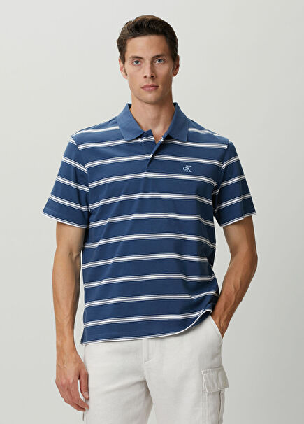 Navy Blue White Striped Polo T-Shirt