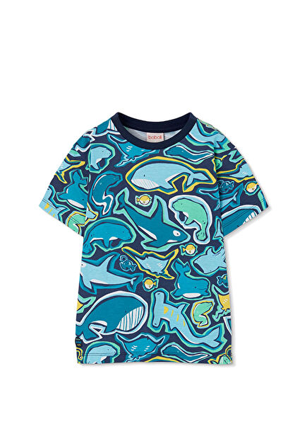 Mavi Deniz Canlıları Desenli  Kısa Kollu Erkek Çocuk T-Shirt 