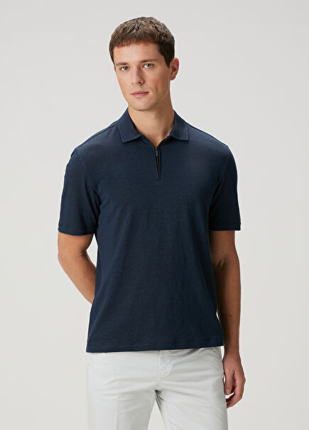 Lacivert Polo Yaka Keten T-shirt