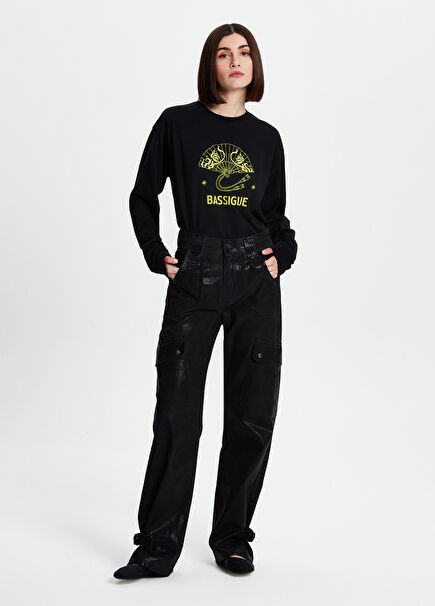 Siyah Metal Kaplama Kadın Kargo Pantolon