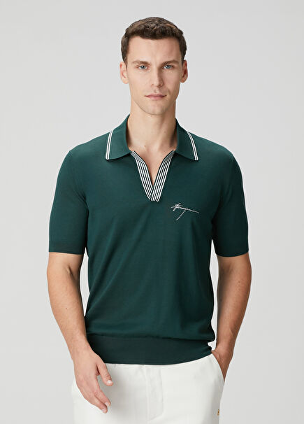 Yeşil Polo Yaka Kısa Kollu İpek Triko