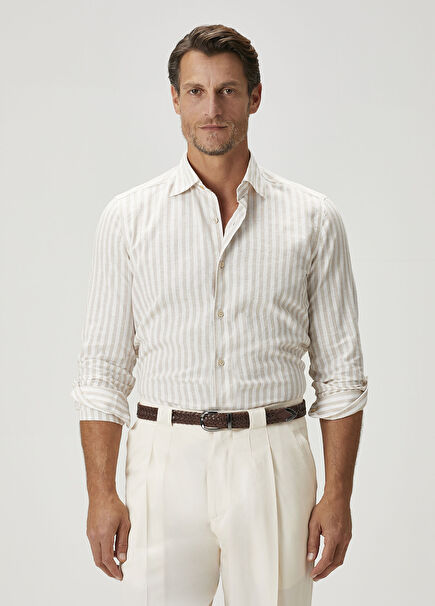 Beige White Stripe Pattern Linen Shirt