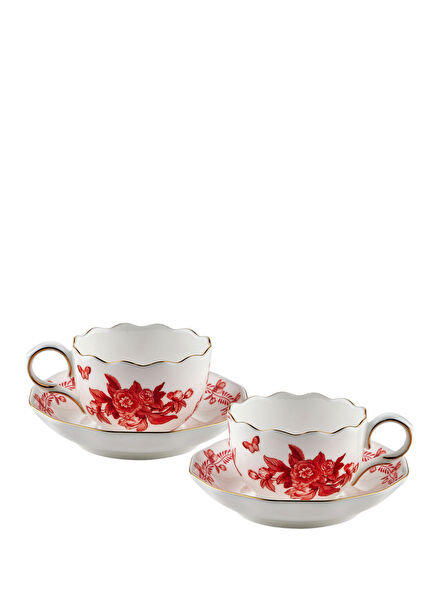 Primavera Red Patterned Porcelain Set of 2 Coffee Cups and Saucers