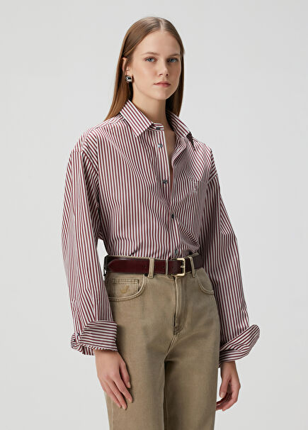 Boxy Fit Bordo Çizgili Poplin Gömlek