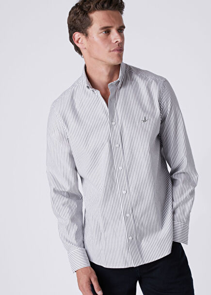 Comfort Fit Haki Beyaz Çizgi Desenli Oxford Gömlek
