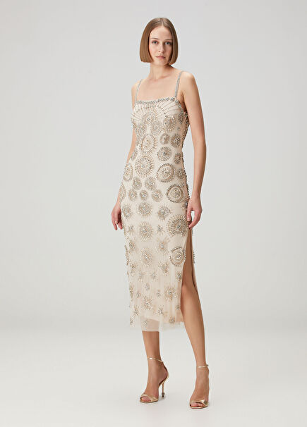 Champagne Embellished Midi Cocktail Dress