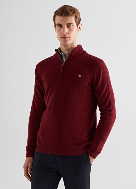 Burgundy Wool Half Zipper Regular Fit Men's Sweater