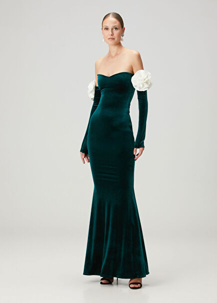 Versailles Rose Yeşil Maksi Kadife Abiye Elbise