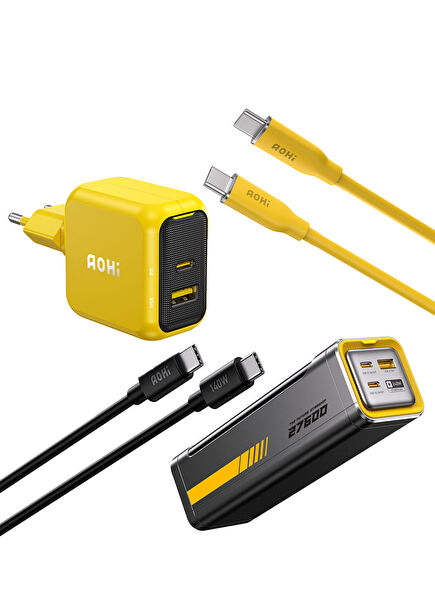 Magcube 67W 2 Portlu Şarj Adaptörü 27.600 mAh 240W PD3.1 Powerbank - 140W 1m PD 3.1 480Mbps Süper Hızlı Şarj Data Kablosu Seti