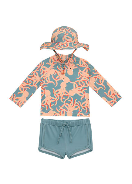 Octopus Long Sleeve Baby Boy Swimsuit Set with UV Protection Hat