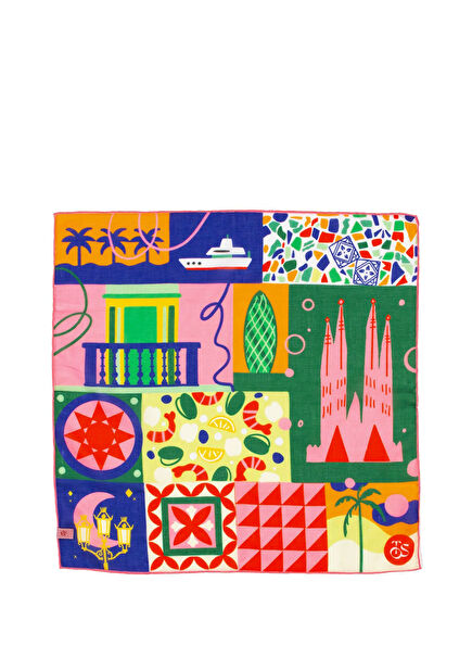 Barcelona Baskılı Pamuklu Kadın Fular Bandana