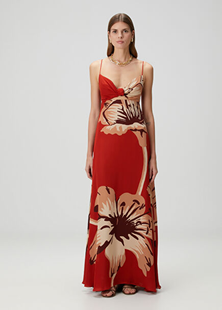 Kırmızı Çiçek Desenli Maksi İpek Elbise