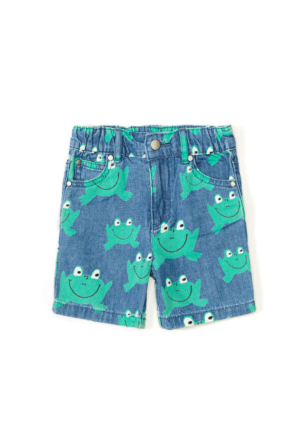 Mavi Kurbağa Baskılı Erkek Bebek Denim Şort