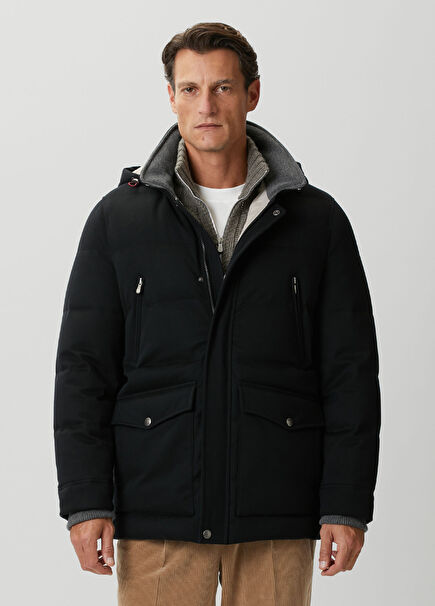 Black Hooded Wool Coat