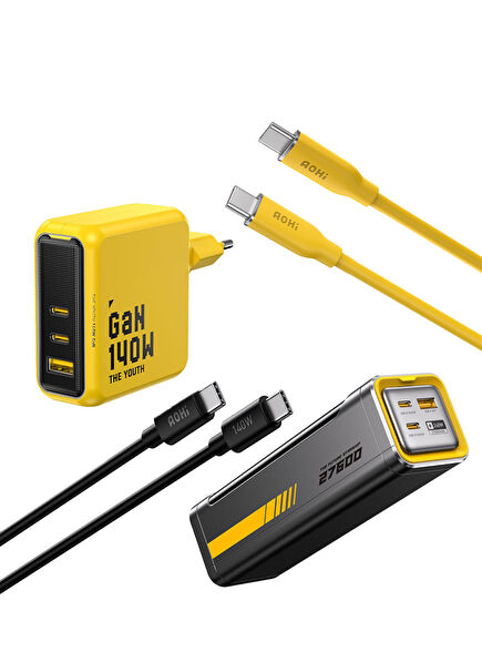 Youth 140W 3 Portlu Şarj Adaptörü 27.600 mAh 240W PD3.1 Powerbank 140W PD 3.1 480Mbps Süper Hızlı Şarj Data Kablosu Seti