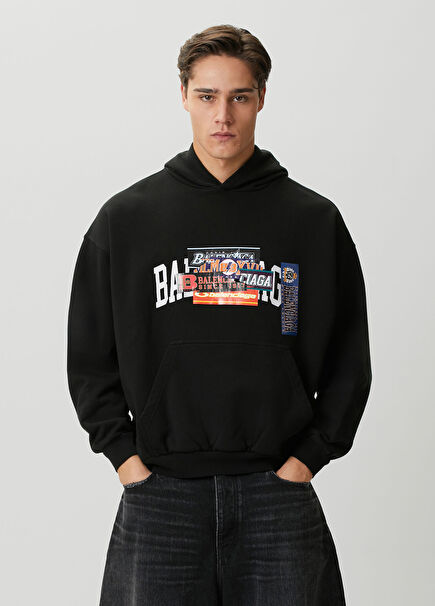 Medium Fit Siyah Kapüşonlu Sweatshirt