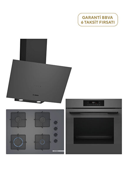 HJG852YN0T Serie 6 Anthracite Gray Oven + OP7C9P31O Serie 4 c Glass Cooktop + DWK64PJ70T Serie 2 Gray Hood 3-Piece Built-in Set