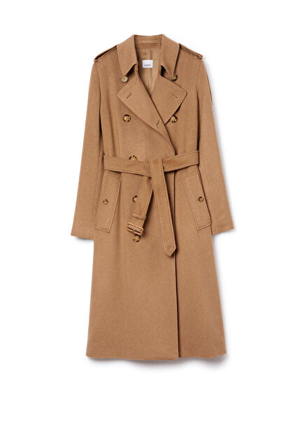 Long Kensington Trench Bej Kaşmir Karışımlı Kadın Kaban
