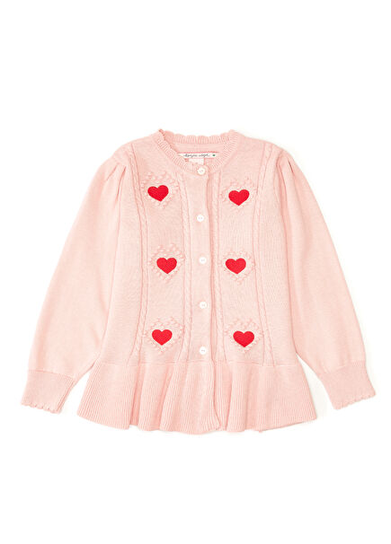 Pink Heart Jacquard Girl Organic Cotton Cardigan